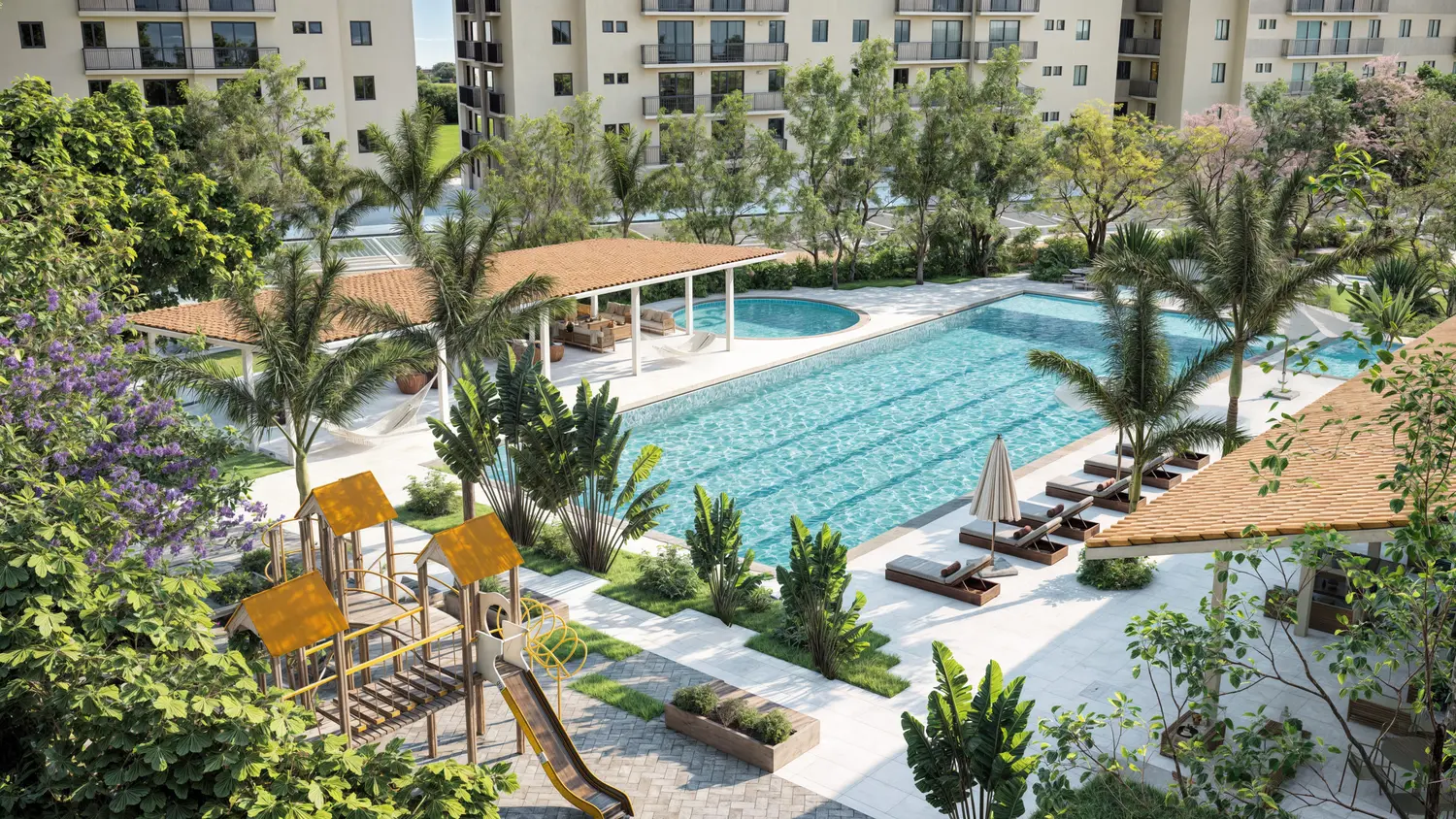 Visualización referencial de la piscina y el parque infantil de Metro City